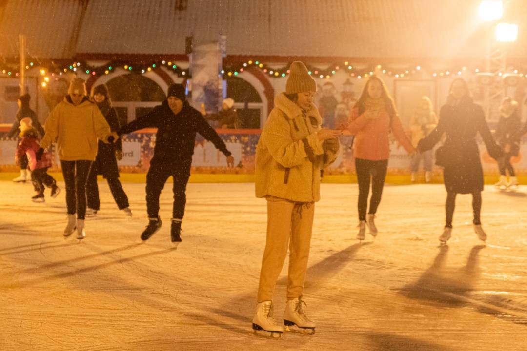 People Ice Skating Woman In Foreground On Her Phone